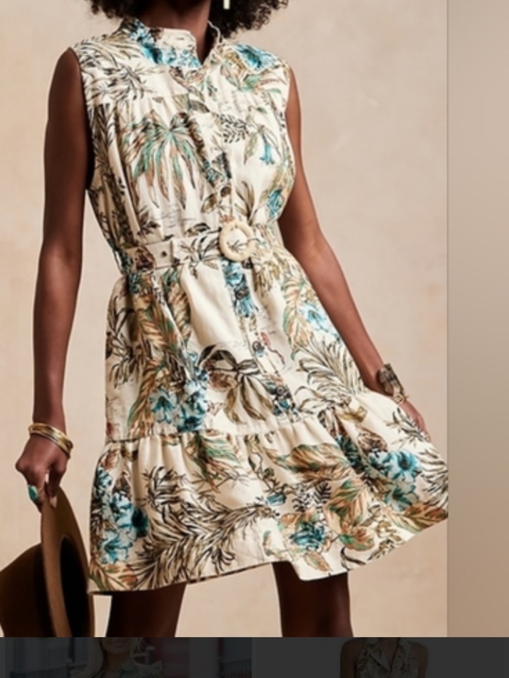 Banana Republic  Tropical Print Belted Shirt Dress - Cream/Turquoise- Small